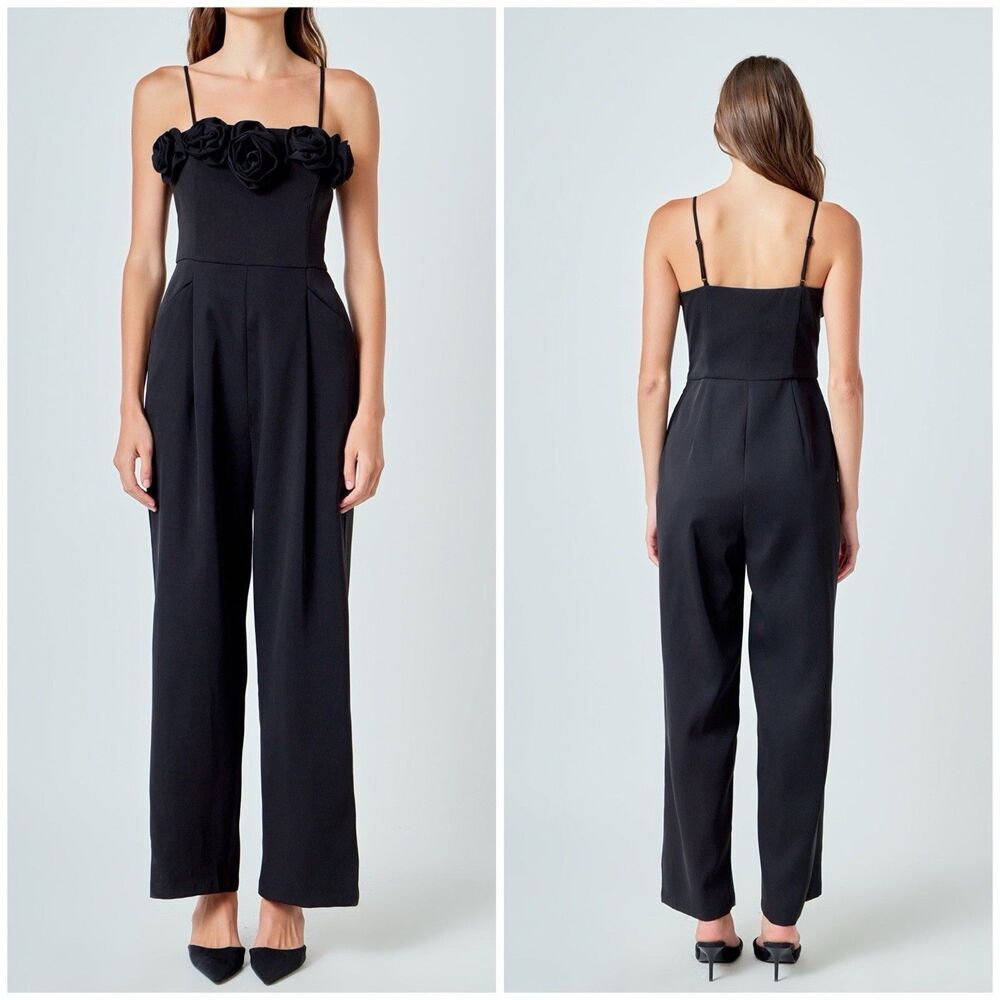 Endless Rose Flower Trim Black Jumpsuit Flared Size Small Wide Leg Elegant